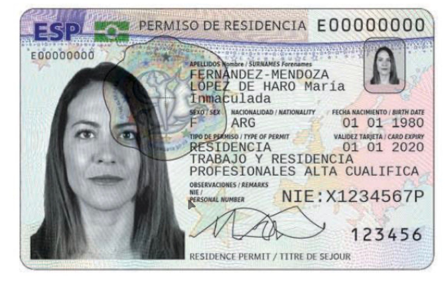Ejemplo de Tarjeta de Identidad de Extranjero/a (TIE)