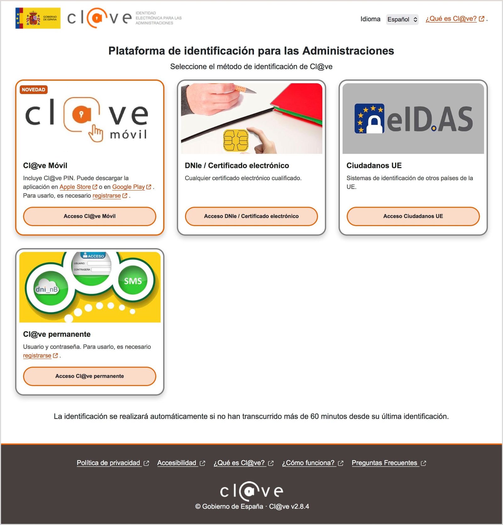 Pantalla de la Carpeta Ciudadana mostrando las formas de identificación electrónica disponibles