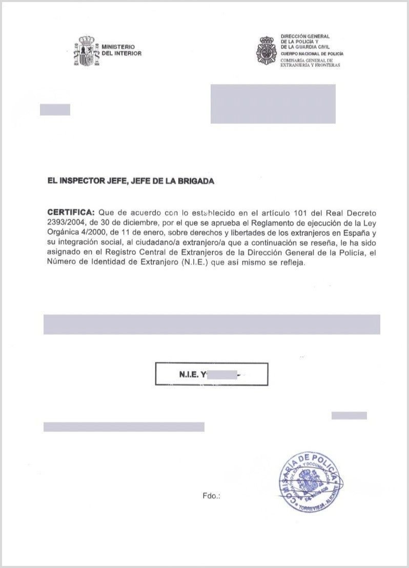 Ejemplo de documento de concesión de NIE (datos anonimizados)