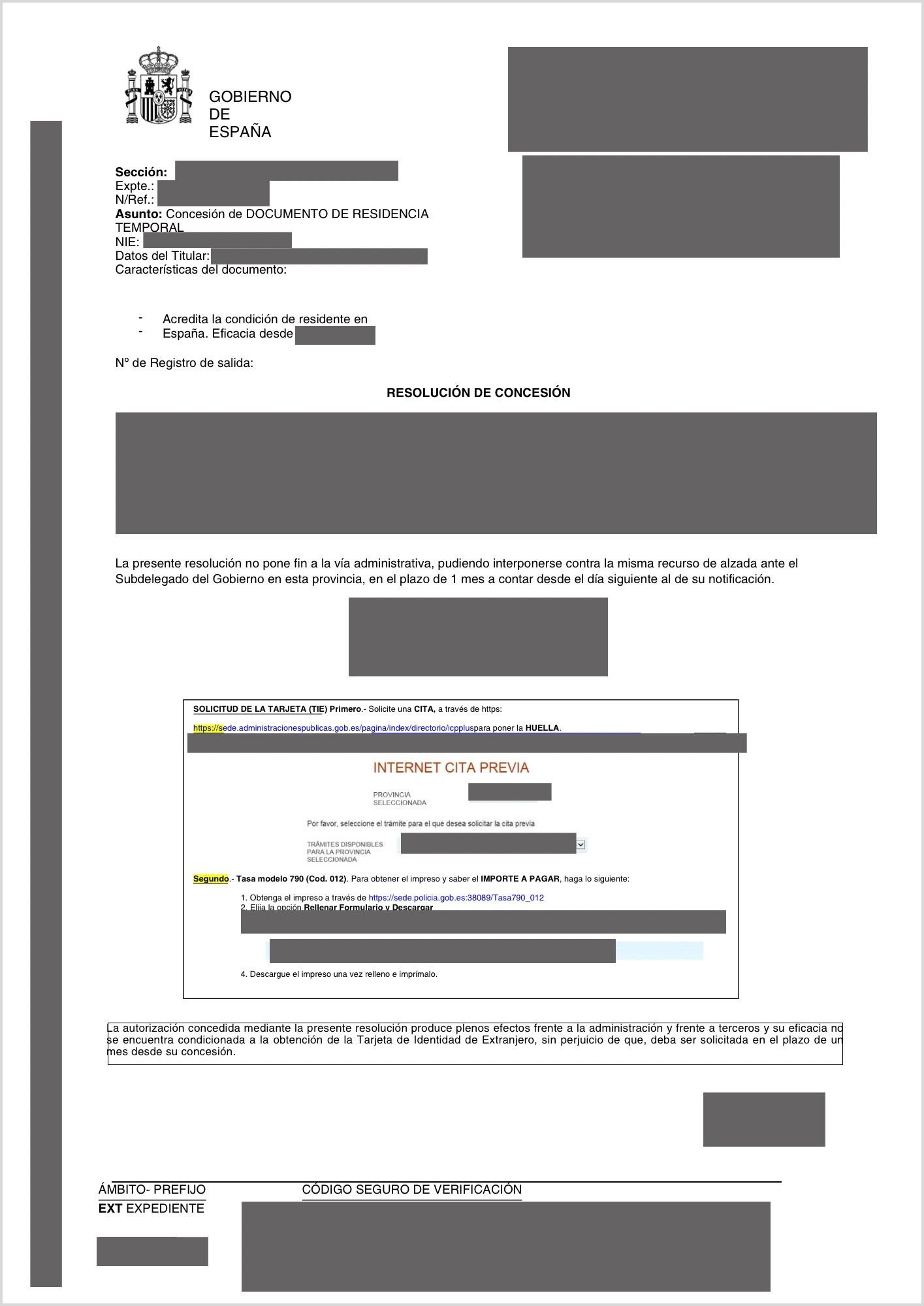 Ejemplo de resolución de concesión de autorización de residencia (datos anonimizados)