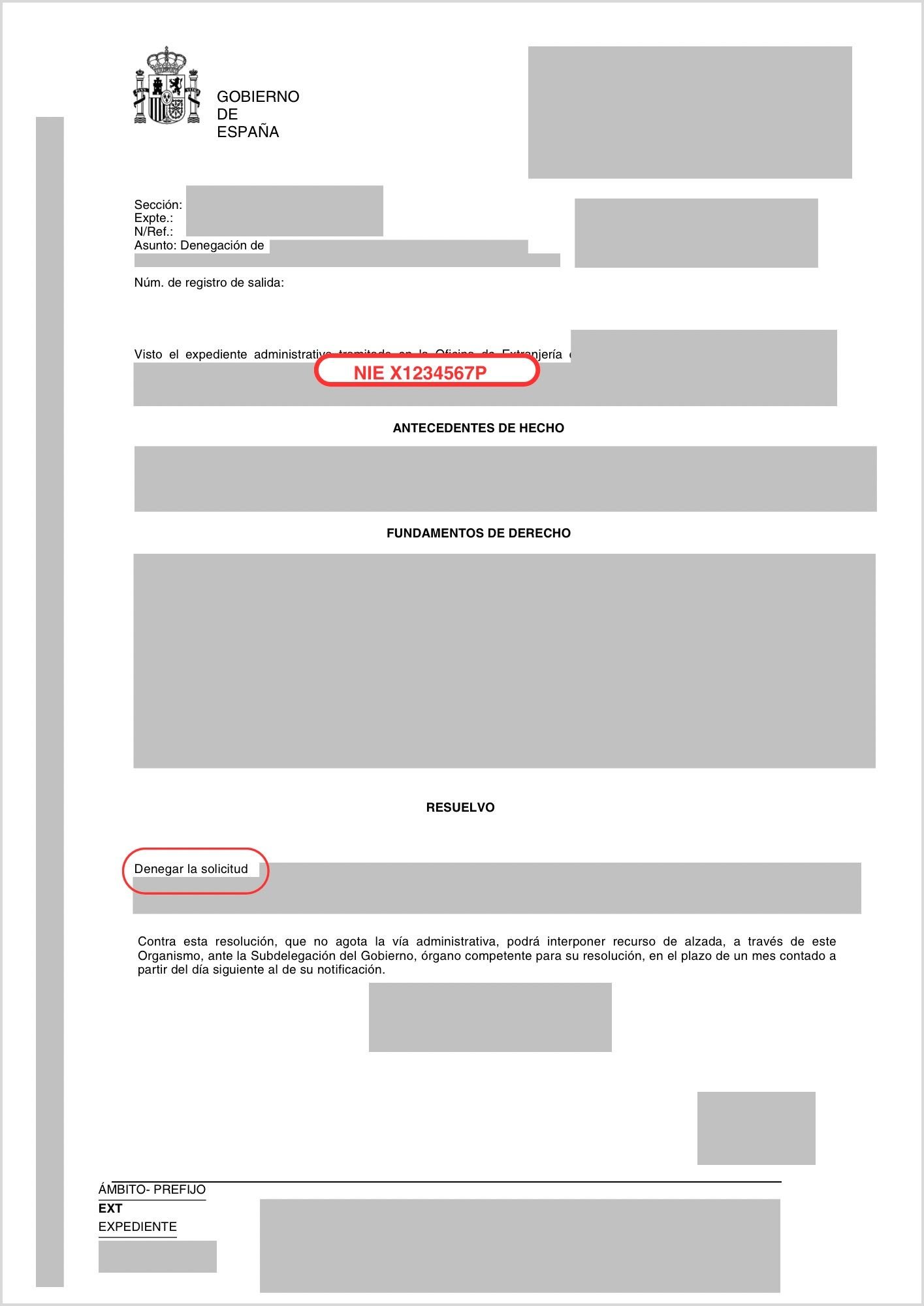 Ejemplo de resolución denegatoria de Extranjería donde consta el NIE asignado (datos anonimizados)