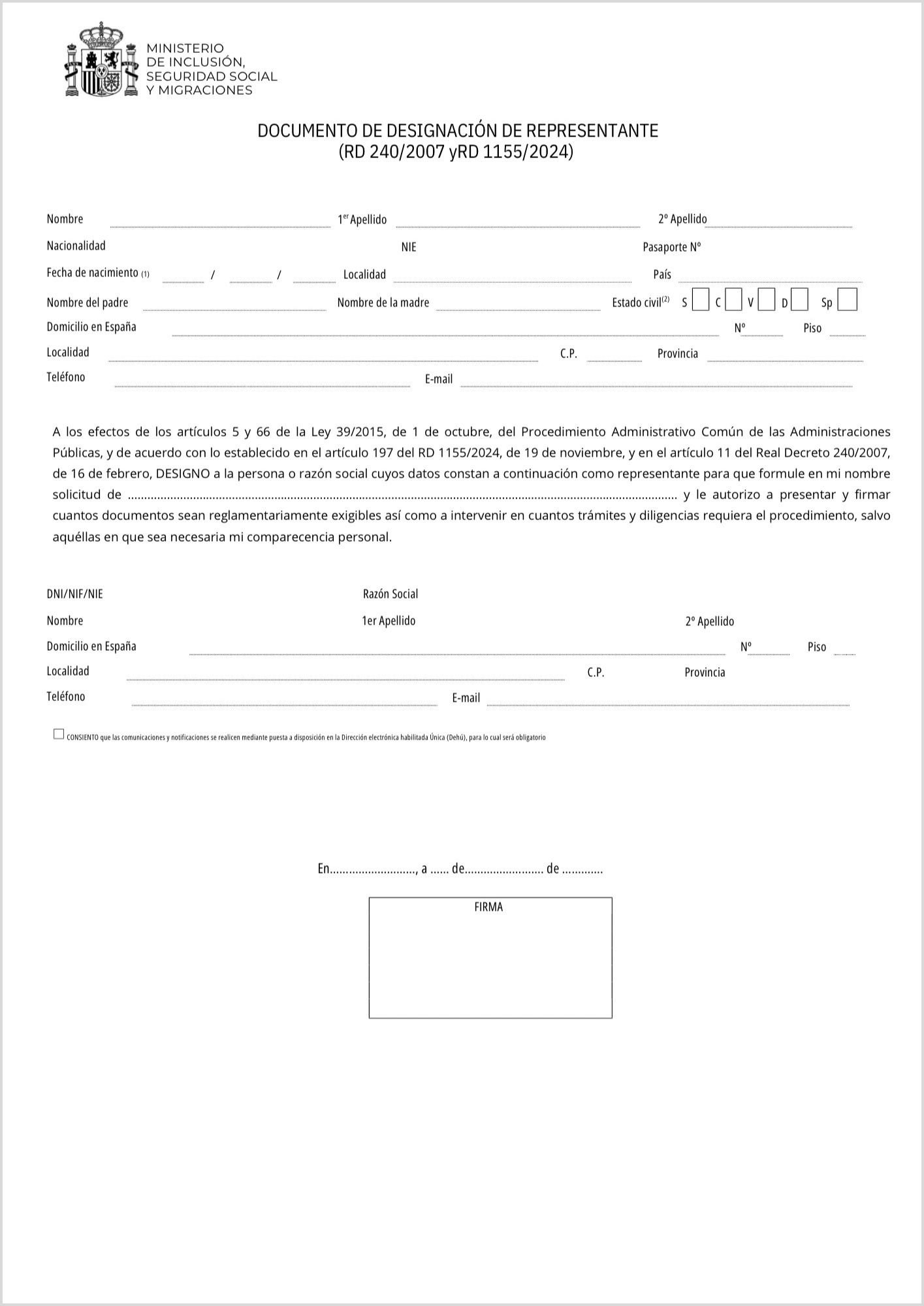 Formulario de designación de representante del Ministerio de Inclusión