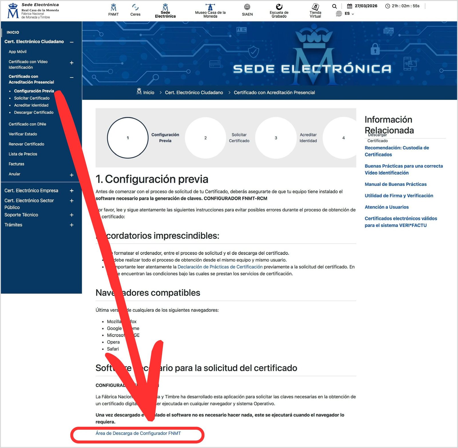Página de configuración previa de la FNMT en sede.fnmt.gob.es