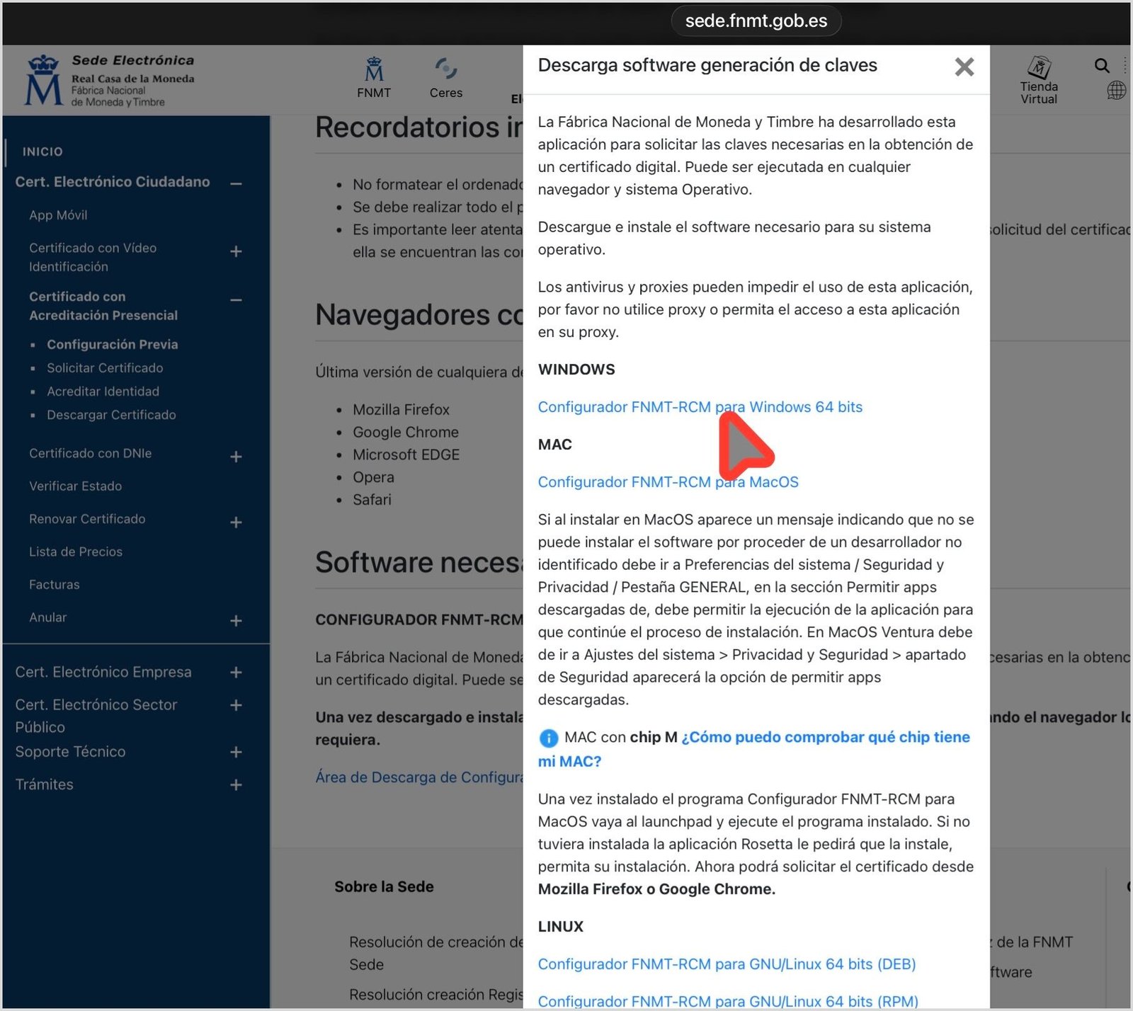 Pantalla de selección del sistema operativo para la descarga del Configurador FNMT