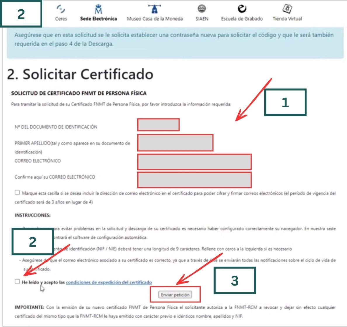 Formulario de solicitud del certificado digital en la sede de la FNMT
