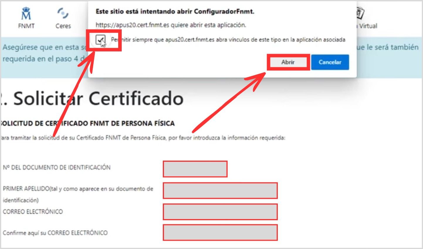 Diálogo del navegador solicitando permiso para abrir el Configurador FNMT