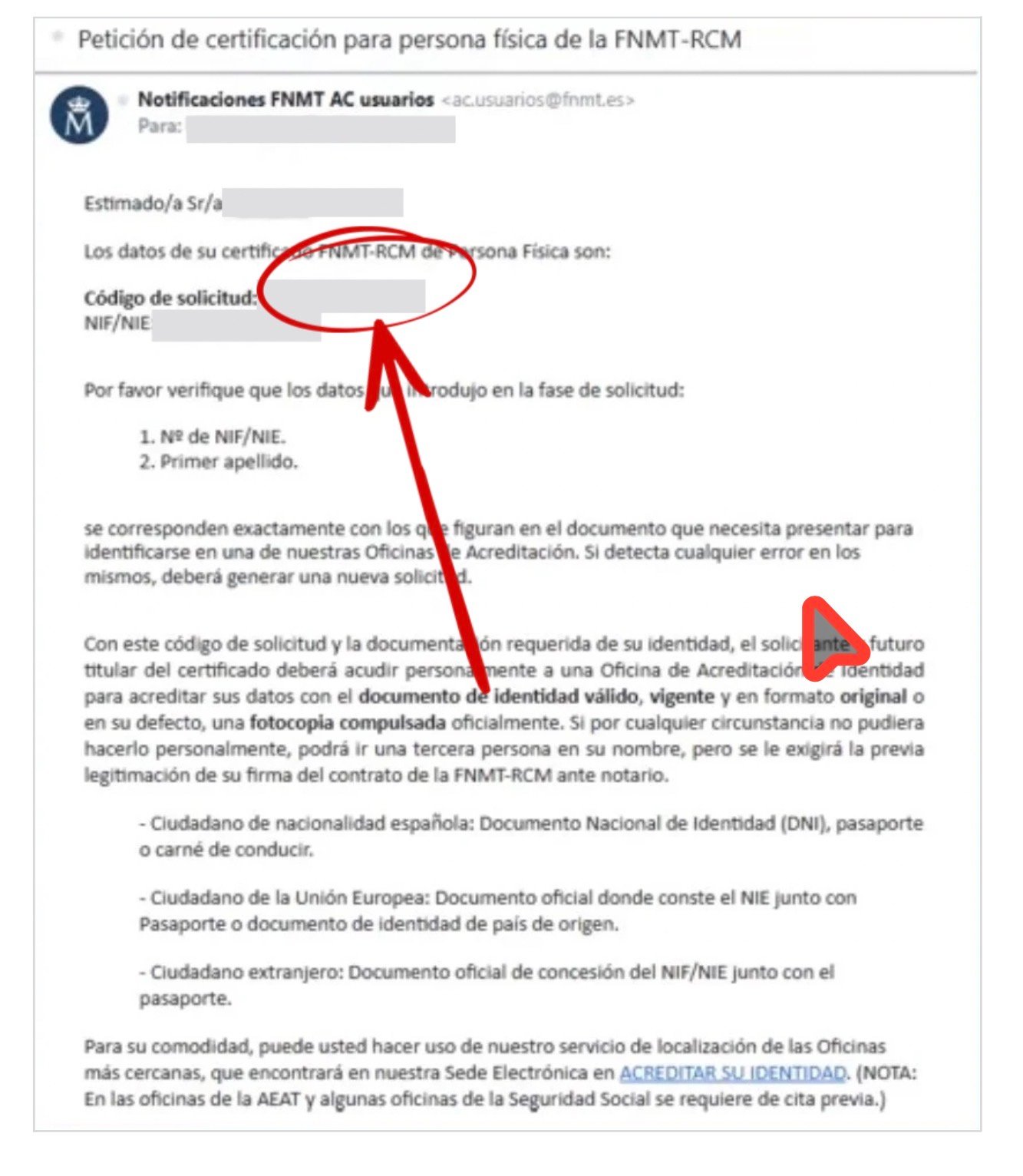 Correo electrónico de la FNMT con el código de solicitud del certificado digital