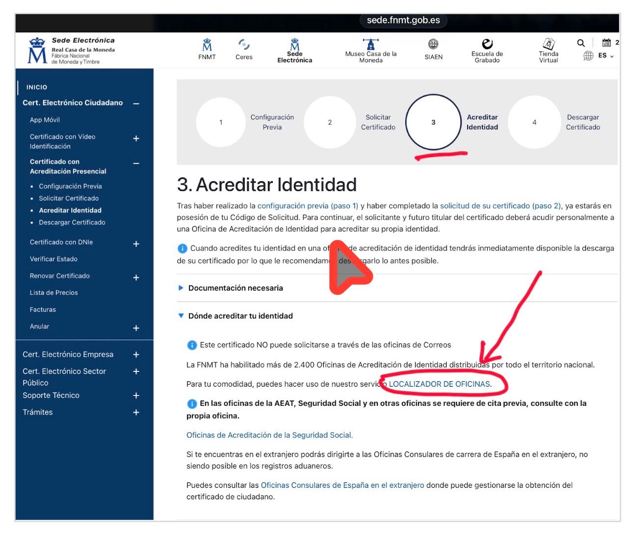 Página 'Acreditar Identidad' de la sede electrónica de la FNMT