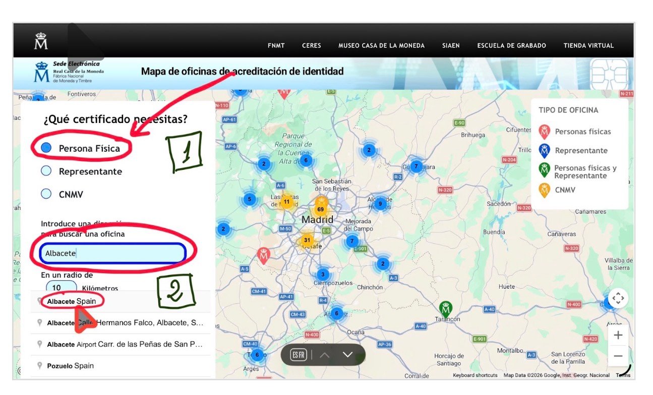 Localizador de oficinas de acreditación de identidad de la FNMT