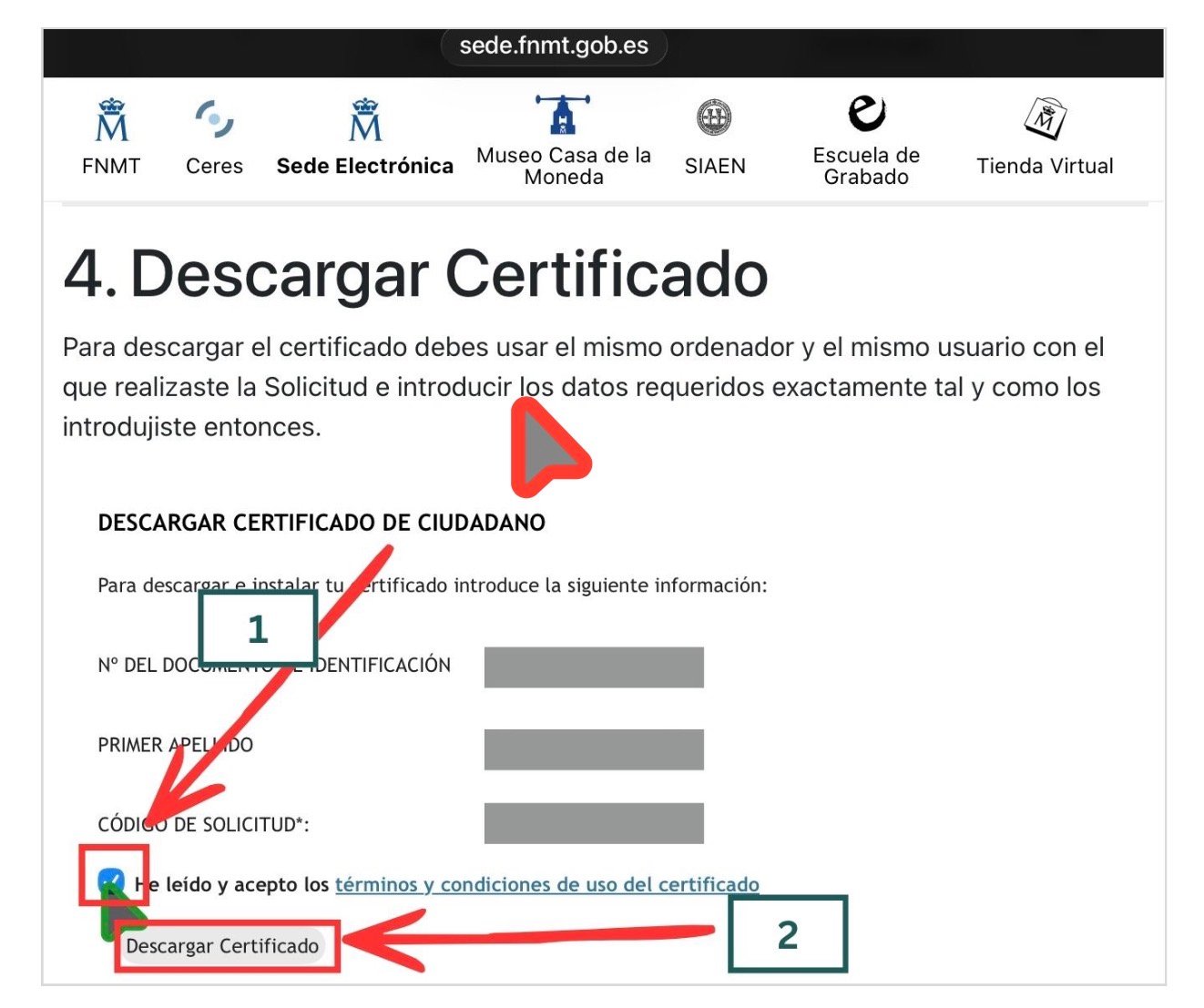 Formulario de descarga del certificado en la sede de la FNMT