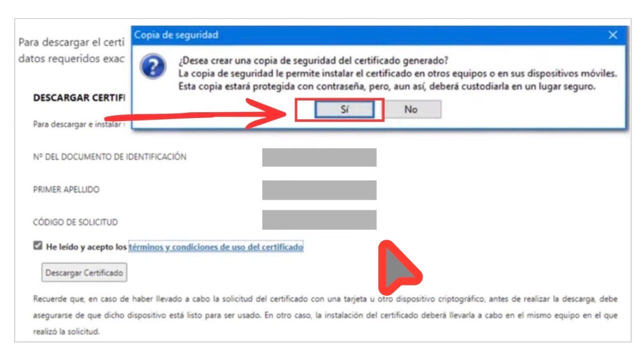 Diálogo de copia de seguridad del certificado digital