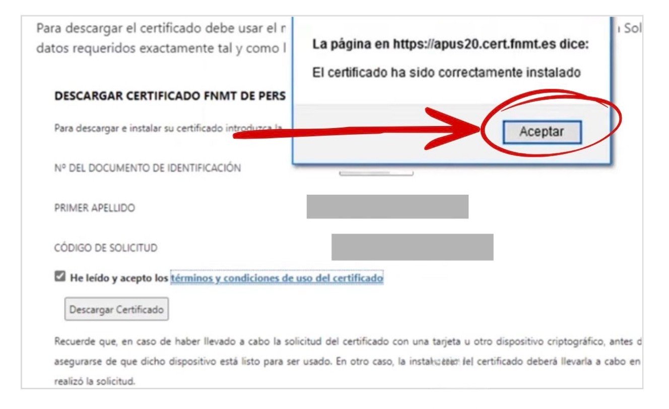 Mensaje de confirmación de instalación correcta del certificado digital