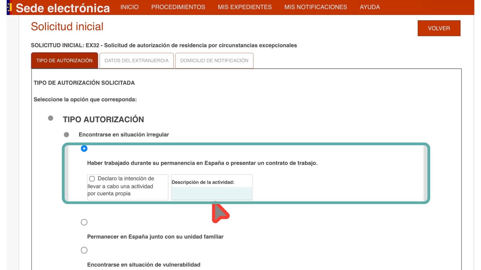 Screenshot of form EX-32 on the electronic platform (Mercurio): self-employed activity section