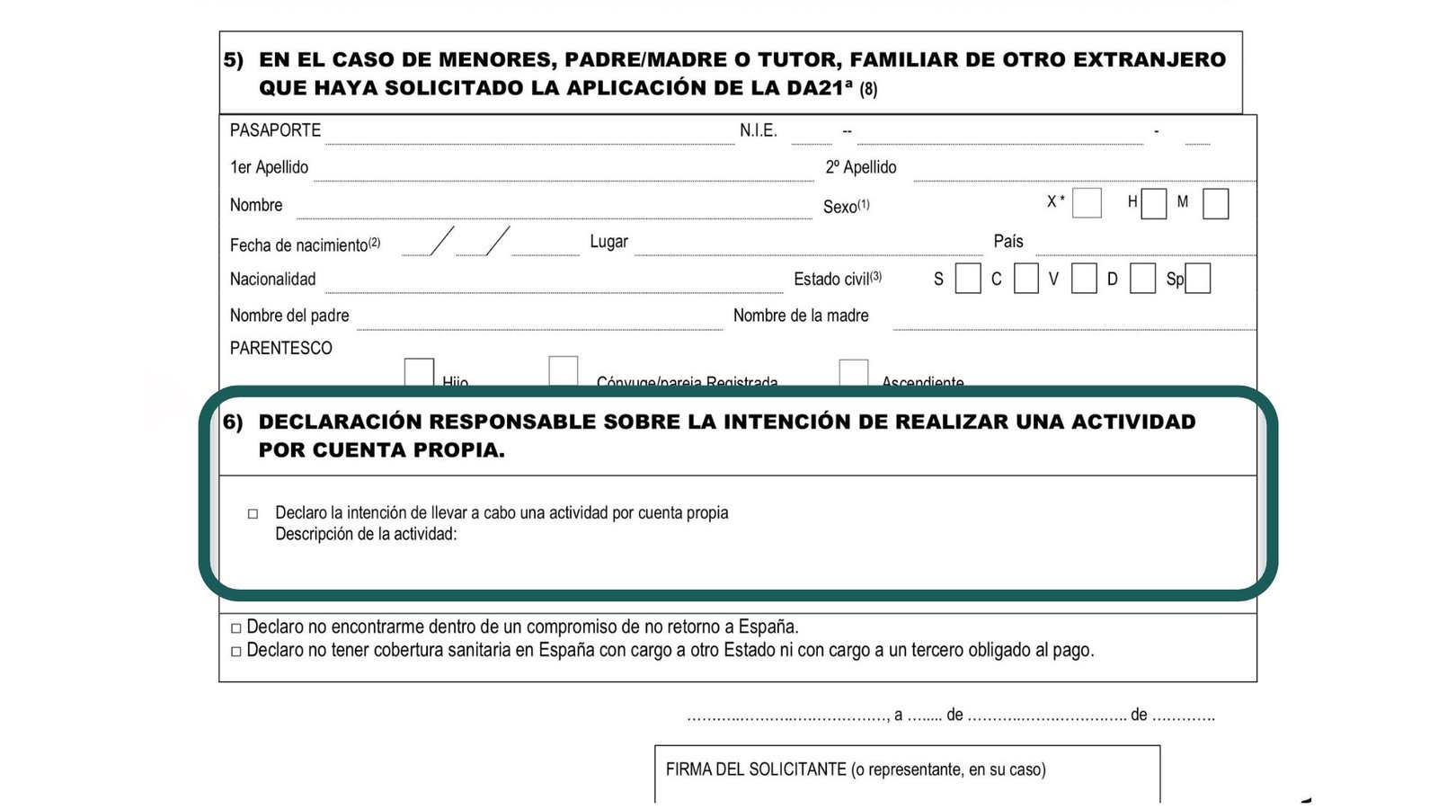 Screenshot of paper form EX-32: section 6, statutory declaration on intention to carry out self-employed activity
